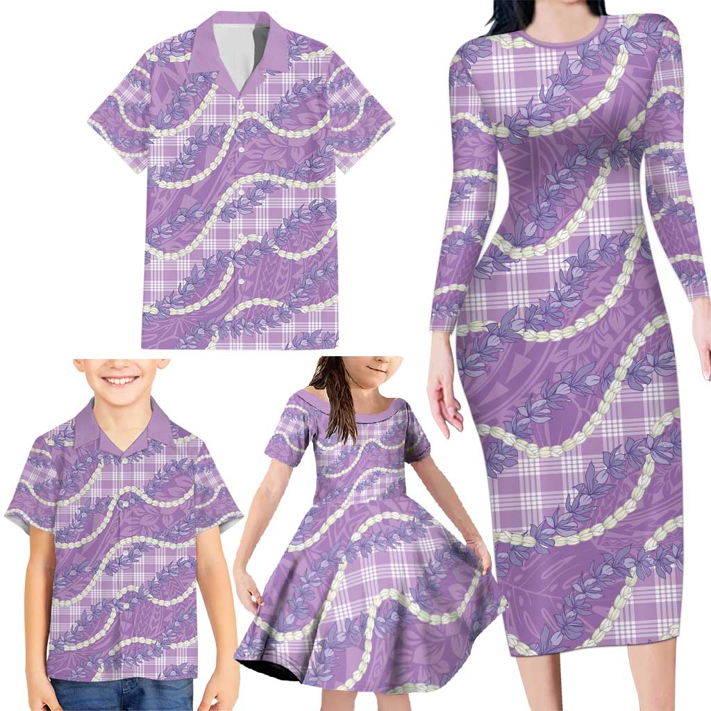 Purple Hawaii Palaka Honohono Pikake Family Matching Long Sleeve Bodycon Dress and Hawaiian Shirt Hawaiian Orchid Lei Polynesian Pattern - Polynesian Pride