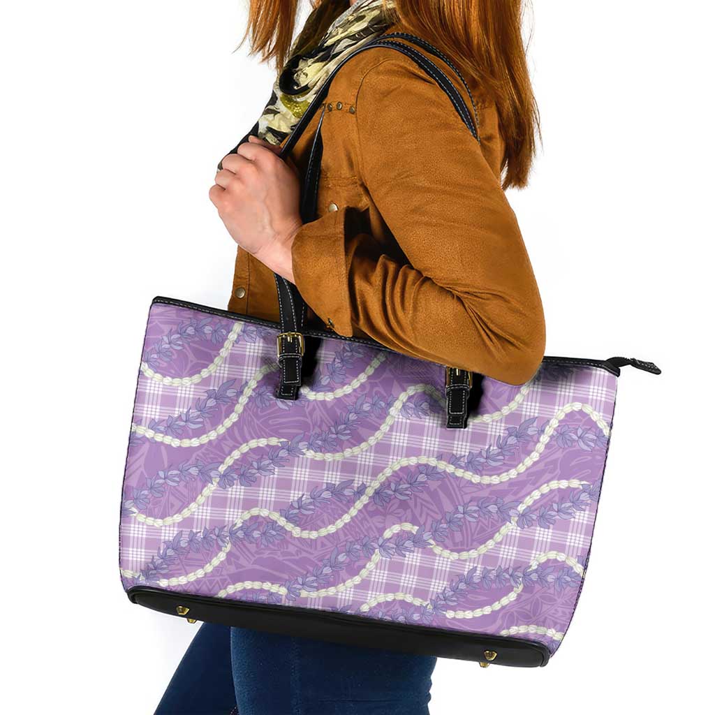 Purple Hawaii Palaka Honohono Pikake Leather Tote Bag Hawaiian Orchid Lei Polynesian Pattern - Polynesian Pride