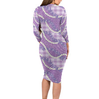 Purple Hawaii Palaka Honohono Pikake Long Sleeve Bodycon Dress Hawaiian Orchid Lei Polynesian Pattern - Polynesian Pride