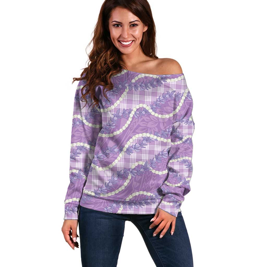 Purple Hawaii Palaka Honohono Pikake Off Shoulder Sweater Hawaiian Orchid Lei Polynesian Pattern - Polynesian Pride