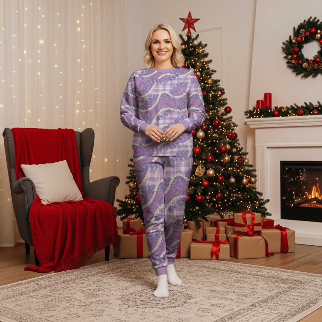 Purple Hawaii Palaka Honohono Pikake Christmas Pajama Set Hawaiian Orchid Lei Polynesian Pattern - Polynesian Pride