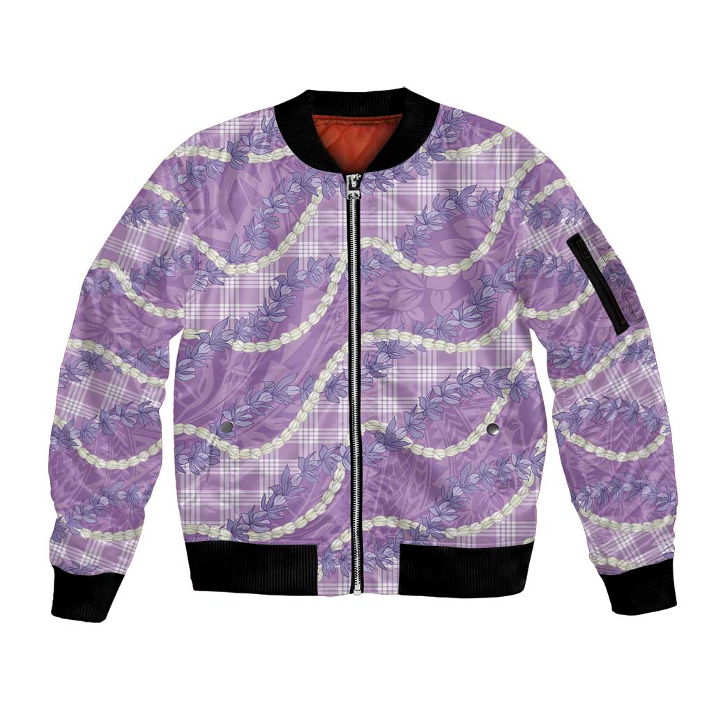 Purple Hawaii Palaka Honohono Pikake Sleeve Zip Bomber Jacket Hawaiian Orchid Lei Polynesian Pattern - Polynesian Pride