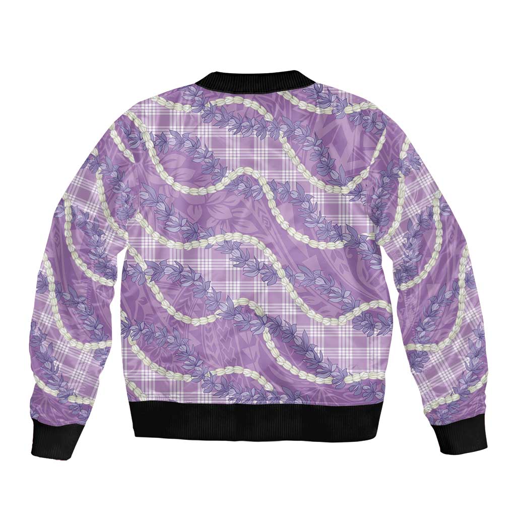 Purple Hawaii Palaka Honohono Pikake Sleeve Zip Bomber Jacket Hawaiian Orchid Lei Polynesian Pattern - Polynesian Pride