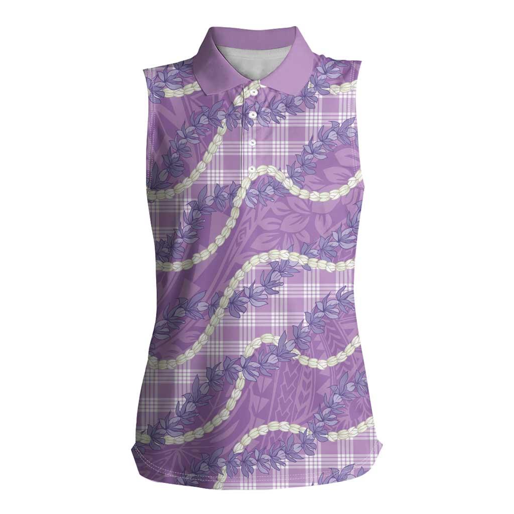 Purple Hawaii Palaka Honohono Pikake Women Sleeveless Polo Shirt Hawaiian Orchid Lei Polynesian Pattern - Polynesian Pride