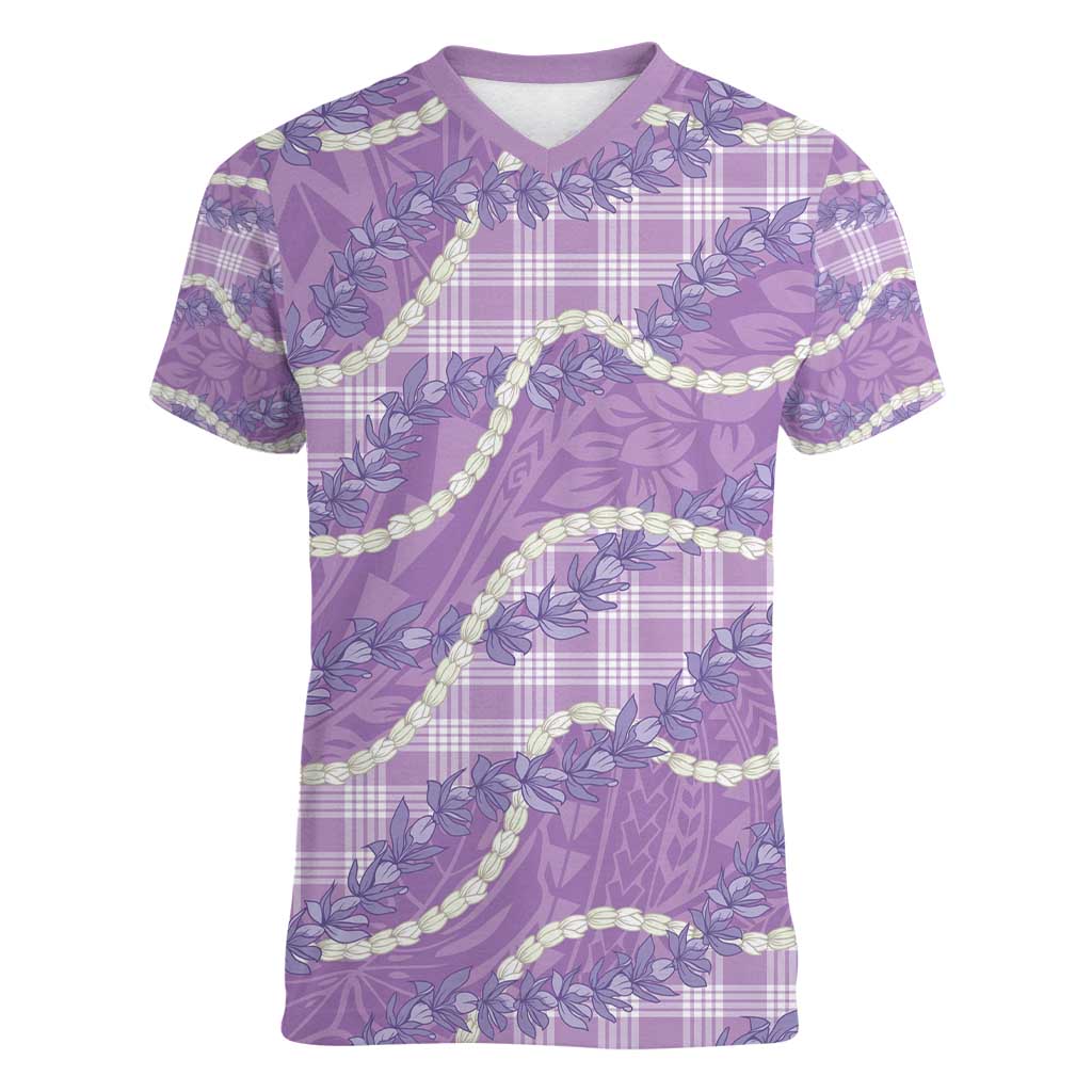 Purple Hawaii Palaka Honohono Pikake Women V-Neck T-Shirt Hawaiian Orchid Lei Polynesian Pattern - Polynesian Pride