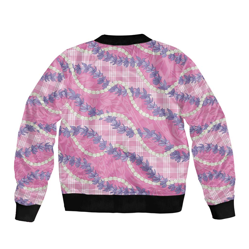 Pink Hawaii Palaka Honohono Pikake Bomber Jacket Hawaiian Orchid Lei Polynesian Pattern - Polynesian Pride