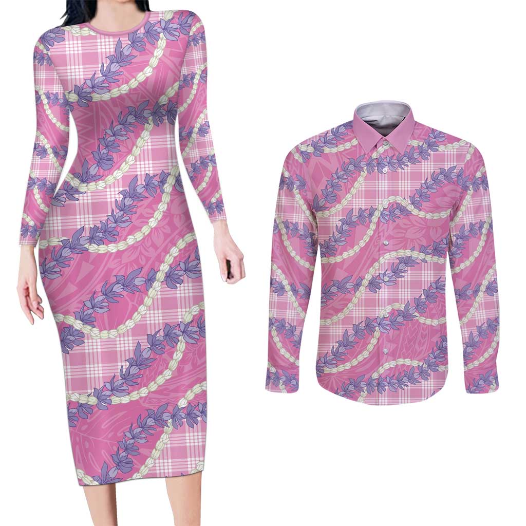Pink Hawaii Palaka Honohono Pikake Couples Matching Long Sleeve Bodycon Dress and Long Sleeve Button Shirt Hawaiian Orchid Lei Polynesian Pattern - Polynesian Pride