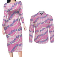Pink Hawaii Palaka Honohono Pikake Couples Matching Long Sleeve Bodycon Dress and Long Sleeve Button Shirt Hawaiian Orchid Lei Polynesian Pattern - Polynesian Pride