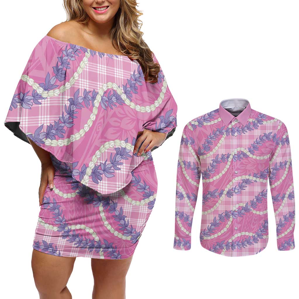 Pink Hawaii Palaka Honohono Pikake Couples Matching Off Shoulder Short Dress and Long Sleeve Button Shirt Hawaiian Orchid Lei Polynesian Pattern - Polynesian Pride