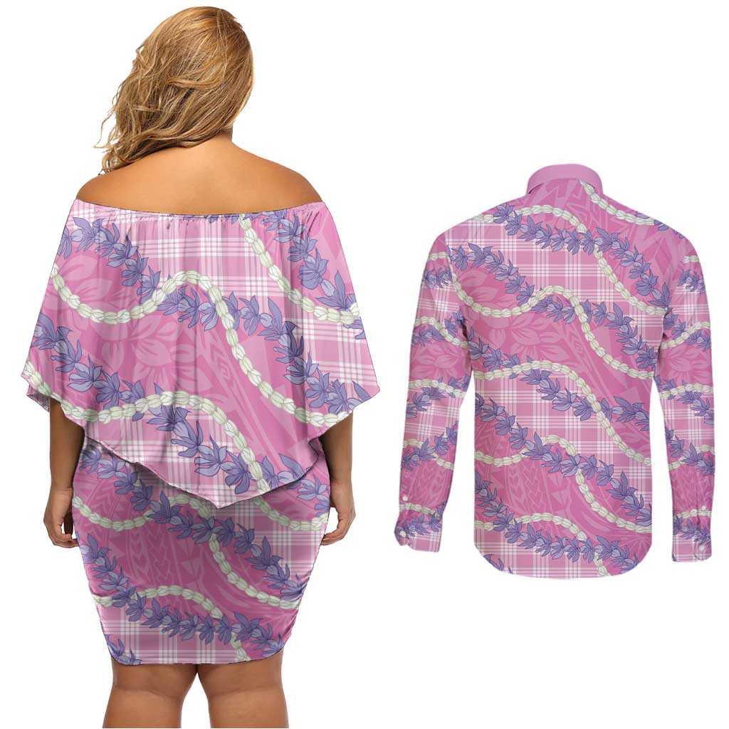 Pink Hawaii Palaka Honohono Pikake Couples Matching Off Shoulder Short Dress and Long Sleeve Button Shirt Hawaiian Orchid Lei Polynesian Pattern - Polynesian Pride