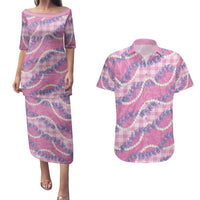 Pink Hawaii Palaka Honohono Pikake Couples Matching Puletasi and Hawaiian Shirt Hawaiian Orchid Lei Polynesian Pattern - Polynesian Pride
