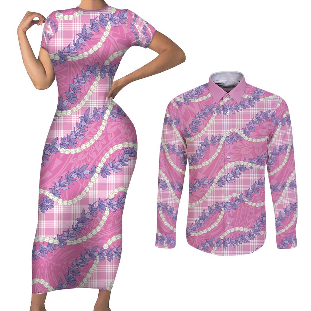 Pink Hawaii Palaka Honohono Pikake Couples Matching Short Sleeve Bodycon Dress and Long Sleeve Button Shirt Hawaiian Orchid Lei Polynesian Pattern - Polynesian Pride