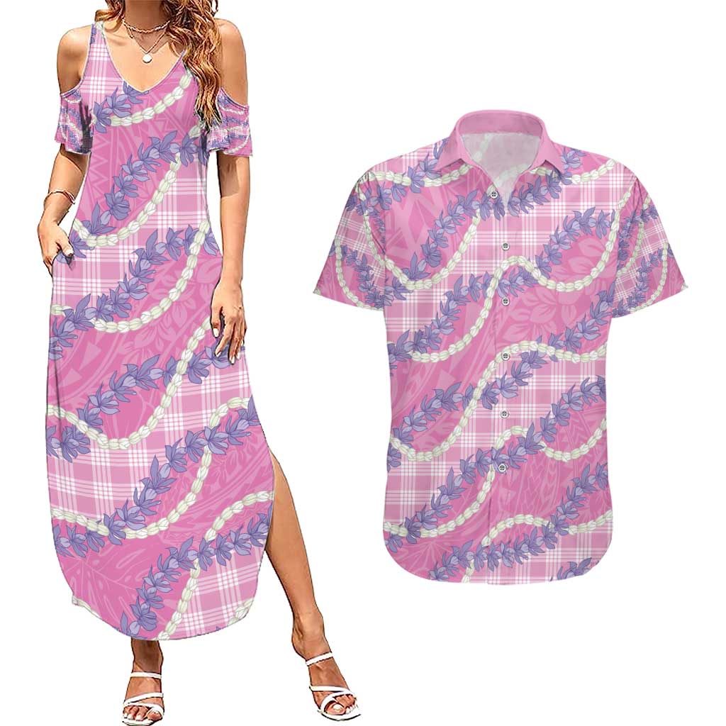 Pink Hawaii Palaka Honohono Pikake Couples Matching Summer Maxi Dress and Hawaiian Shirt Hawaiian Orchid Lei Polynesian Pattern - Polynesian Pride