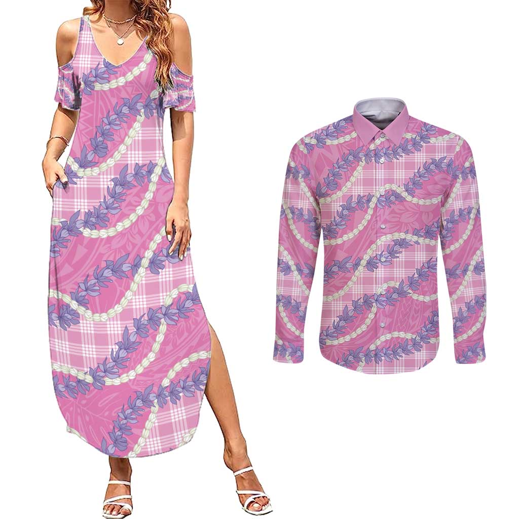 Pink Hawaii Palaka Honohono Pikake Couples Matching Summer Maxi Dress and Long Sleeve Button Shirt Hawaiian Orchid Lei Polynesian Pattern - Polynesian Pride