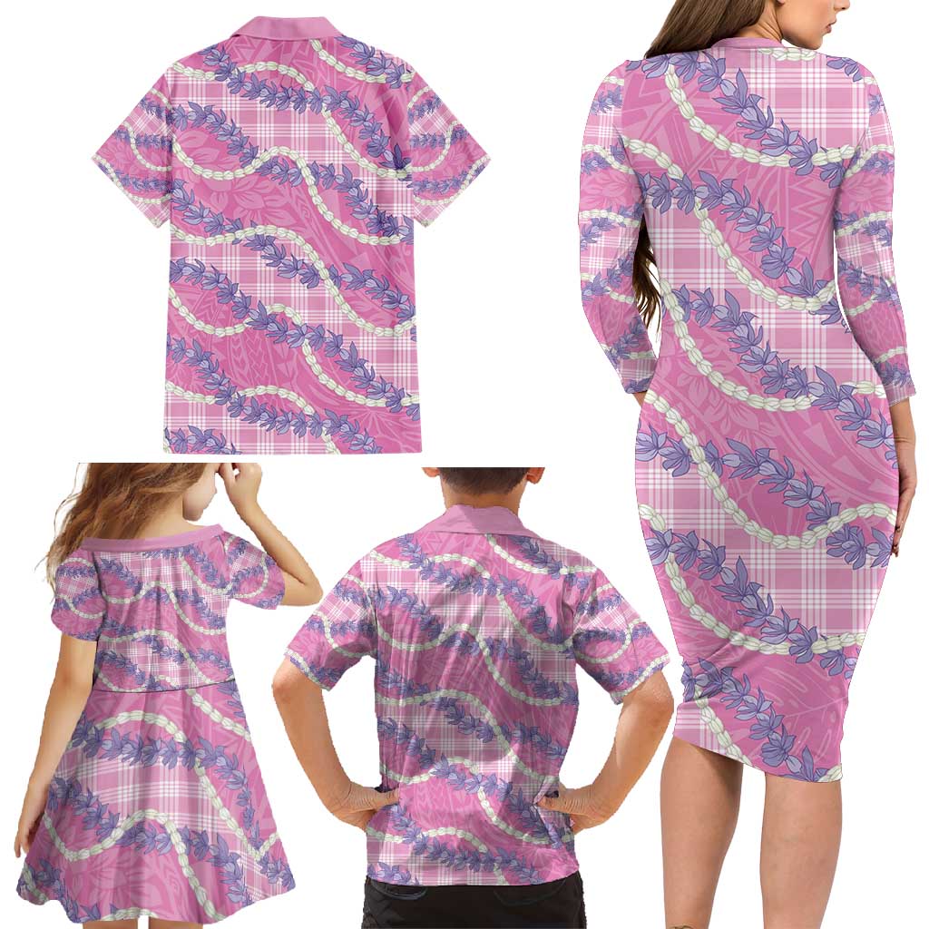 Pink Hawaii Palaka Honohono Pikake Family Matching Long Sleeve Bodycon Dress and Hawaiian Shirt Hawaiian Orchid Lei Polynesian Pattern - Polynesian Pride