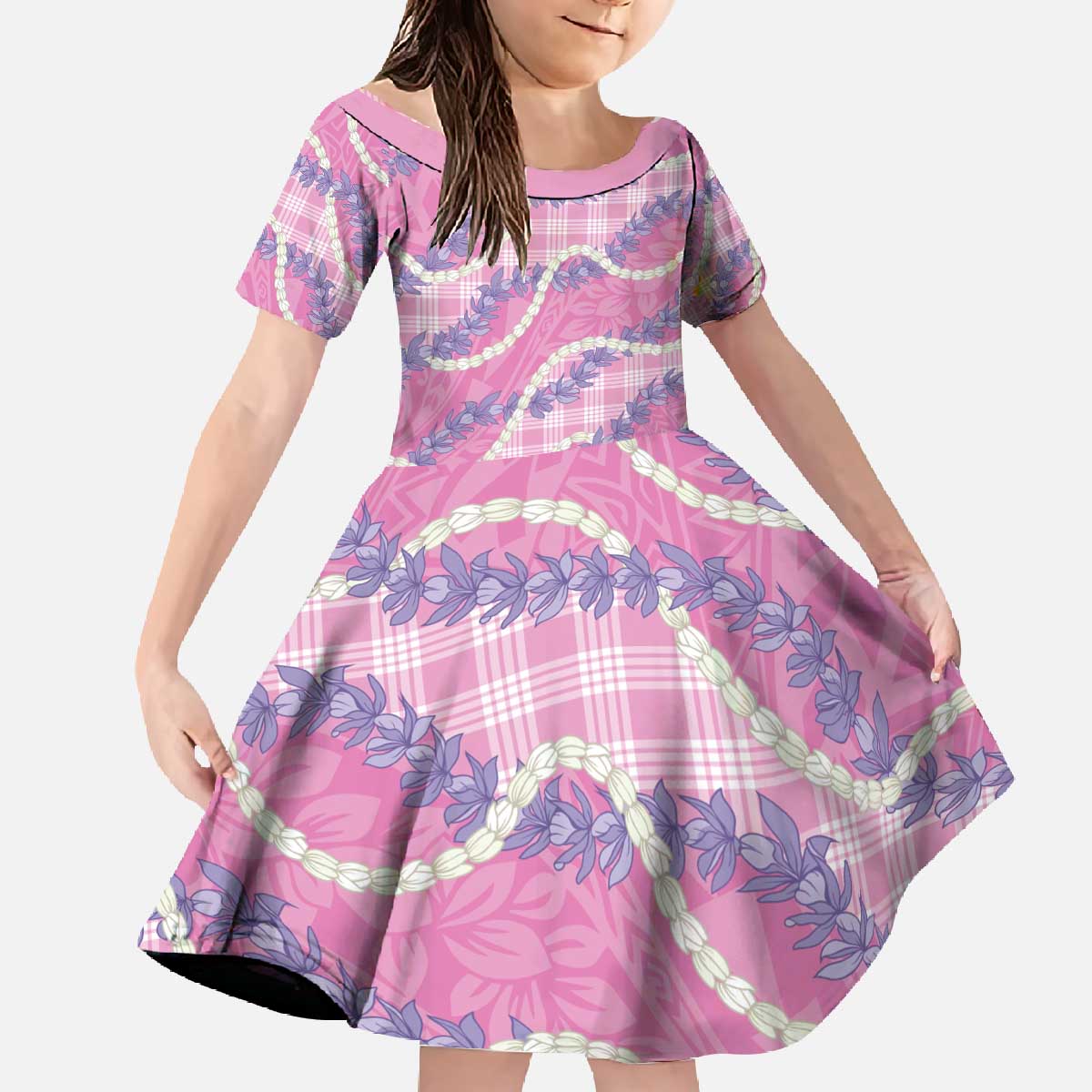 Pink Hawaii Palaka Honohono Pikake Family Matching Off The Shoulder Long Sleeve Dress and Hawaiian Shirt Hawaiian Orchid Lei Polynesian Pattern - Polynesian Pride