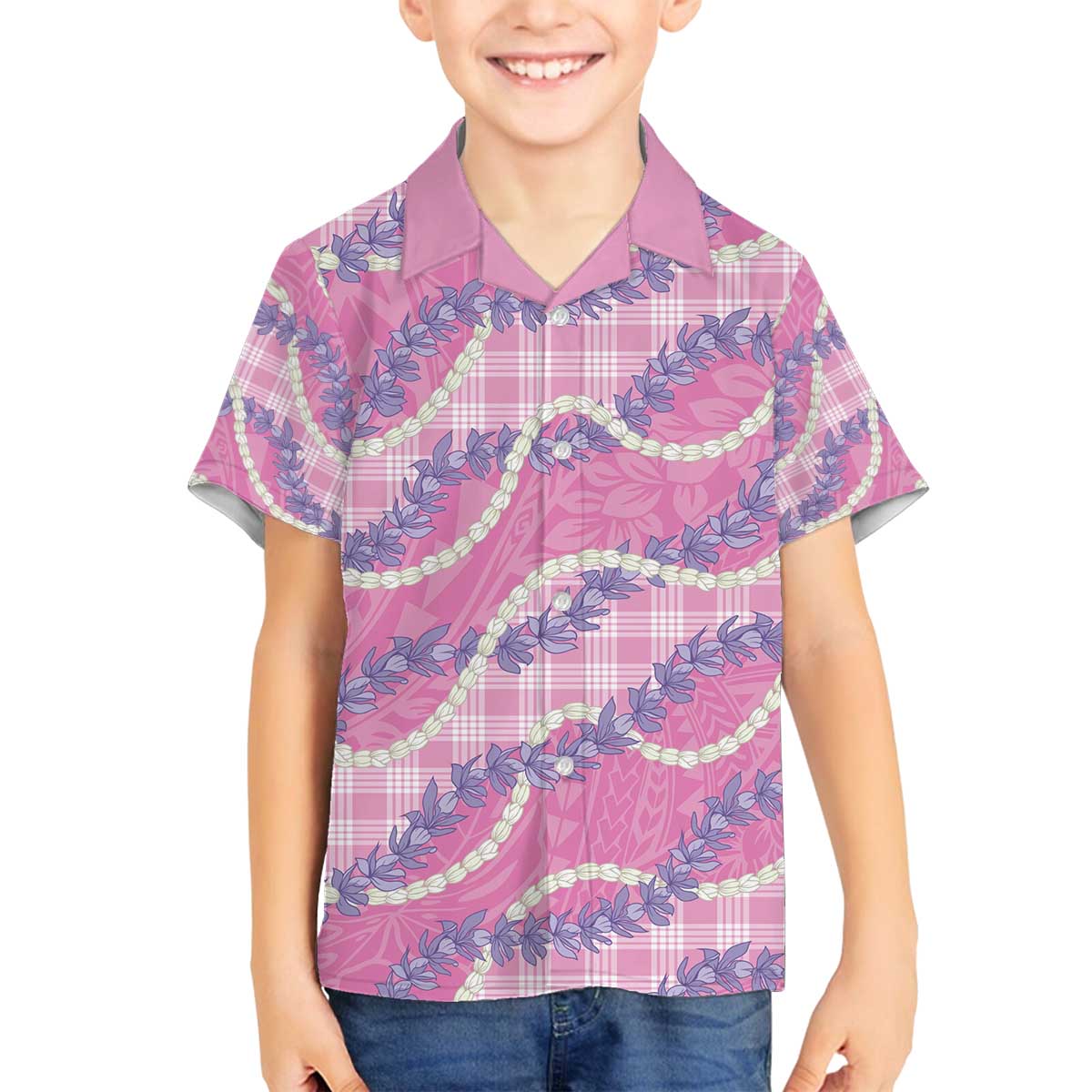 Pink Hawaii Palaka Honohono Pikake Family Matching Off The Shoulder Long Sleeve Dress and Hawaiian Shirt Hawaiian Orchid Lei Polynesian Pattern - Polynesian Pride