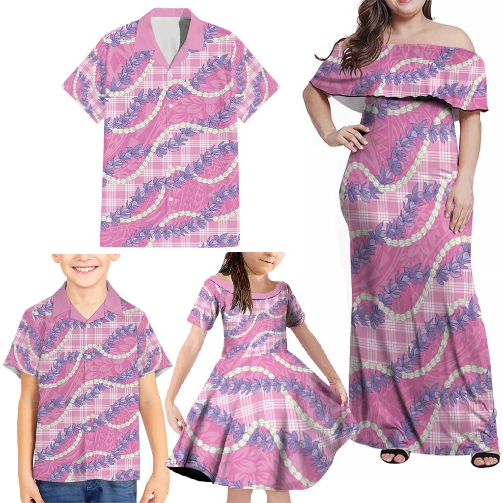Pink Hawaii Palaka Honohono Pikake Family Matching Off Shoulder Maxi Dress and Hawaiian Shirt Hawaiian Orchid Lei Polynesian Pattern - Polynesian Pride