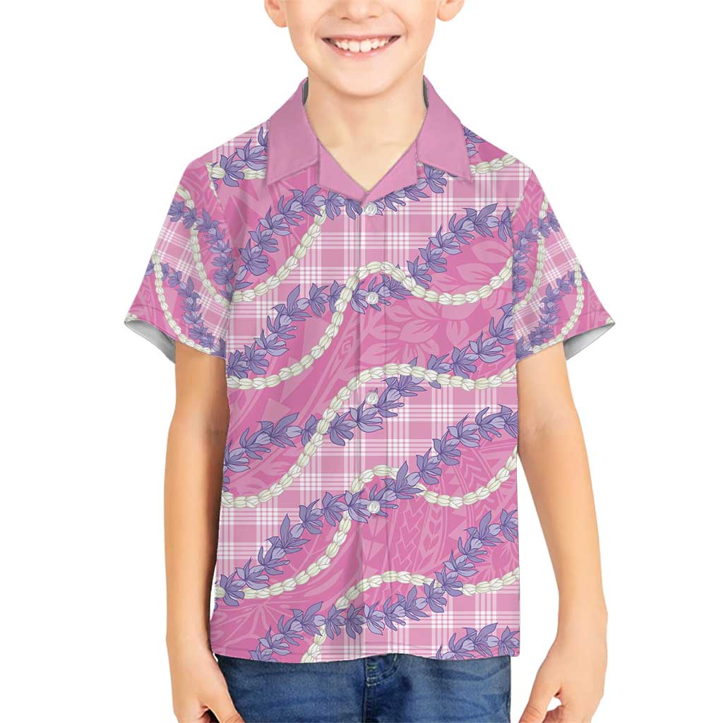 Pink Hawaii Palaka Honohono Pikake Family Matching Off Shoulder Short Dress and Hawaiian Shirt Hawaiian Orchid Lei Polynesian Pattern - Polynesian Pride