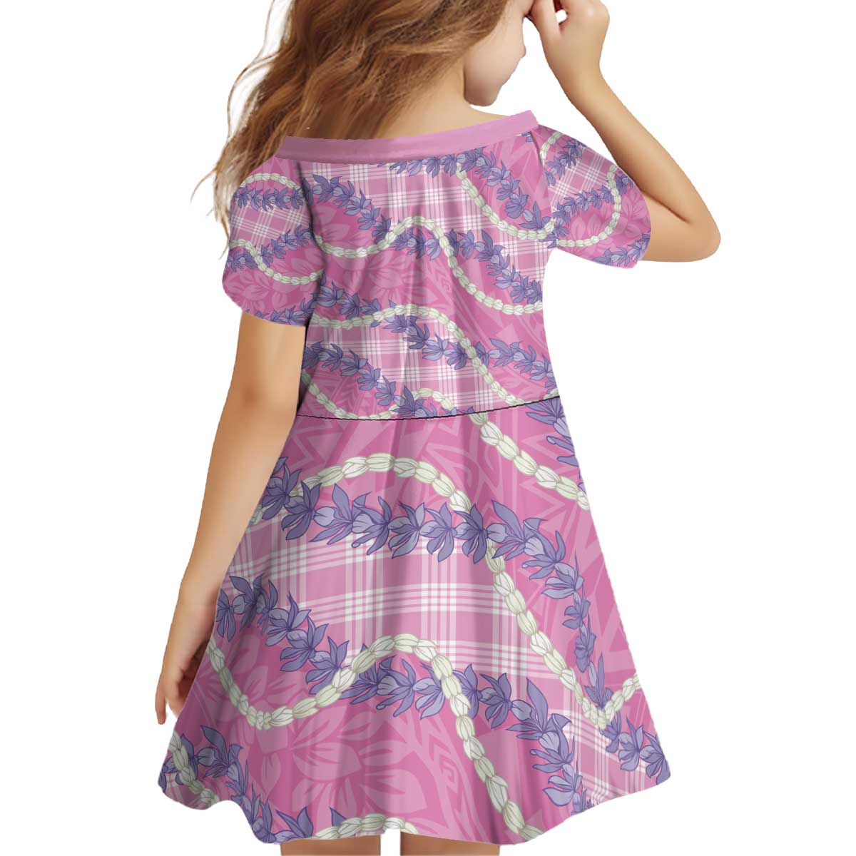 Pink Hawaii Palaka Honohono Pikake Kid Short Sleeve Dress Hawaiian Orchid Lei Polynesian Pattern - Polynesian Pride