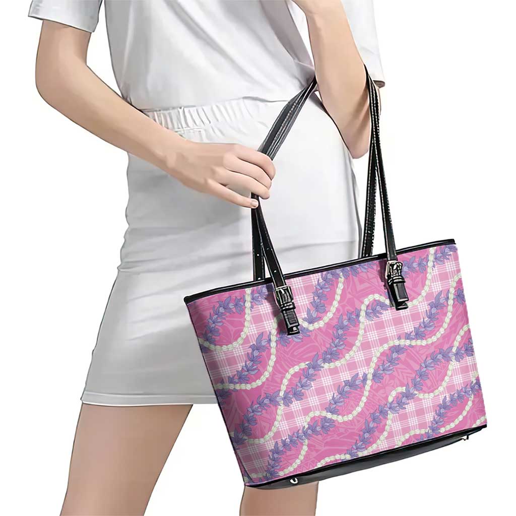Pink Hawaii Palaka Honohono Pikake Leather Tote Bag Hawaiian Orchid Lei Polynesian Pattern - Polynesian Pride