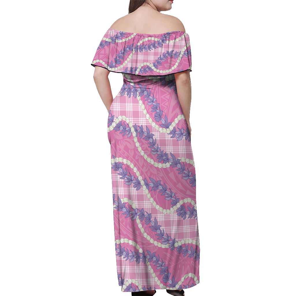 Pink Hawaii Palaka Honohono Pikake Off Shoulder Maxi Dress Hawaiian Orchid Lei Polynesian Pattern - Polynesian Pride