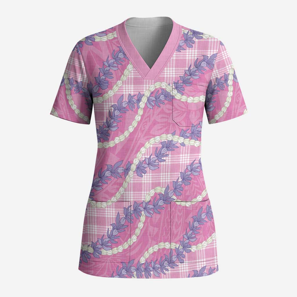 Pink Hawaii Palaka Honohono Pikake Scrub Top Hawaiian Orchid Lei Polynesian Pattern - Polynesian Pride
