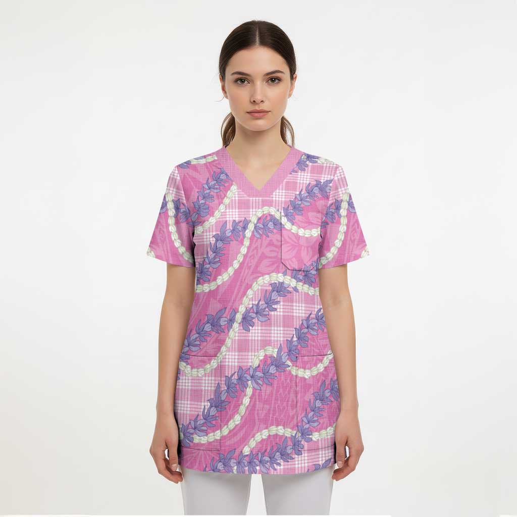 Pink Hawaii Palaka Honohono Pikake Scrub Top Hawaiian Orchid Lei Polynesian Pattern - Polynesian Pride