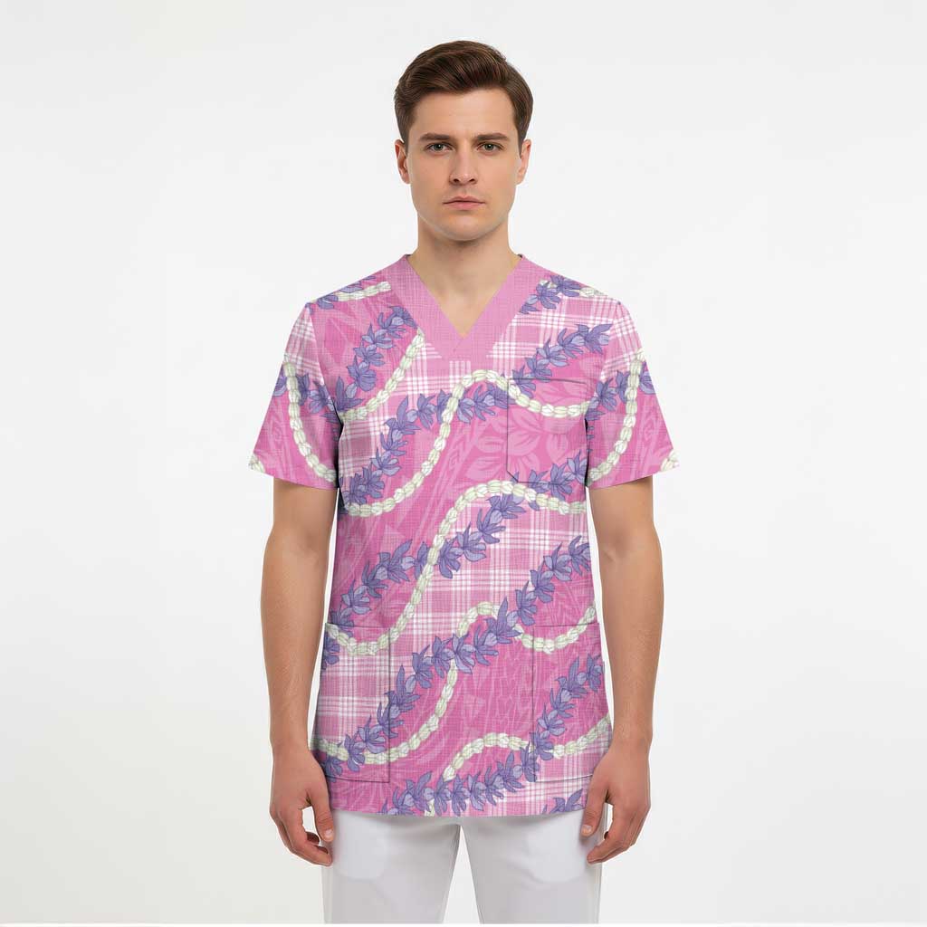 Pink Hawaii Palaka Honohono Pikake Scrub Top Hawaiian Orchid Lei Polynesian Pattern - Polynesian Pride