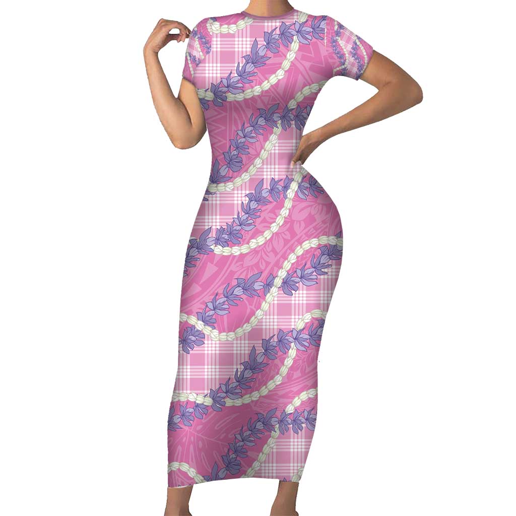 Pink Hawaii Palaka Honohono Pikake Short Sleeve Bodycon Dress Hawaiian Orchid Lei Polynesian Pattern - Polynesian Pride