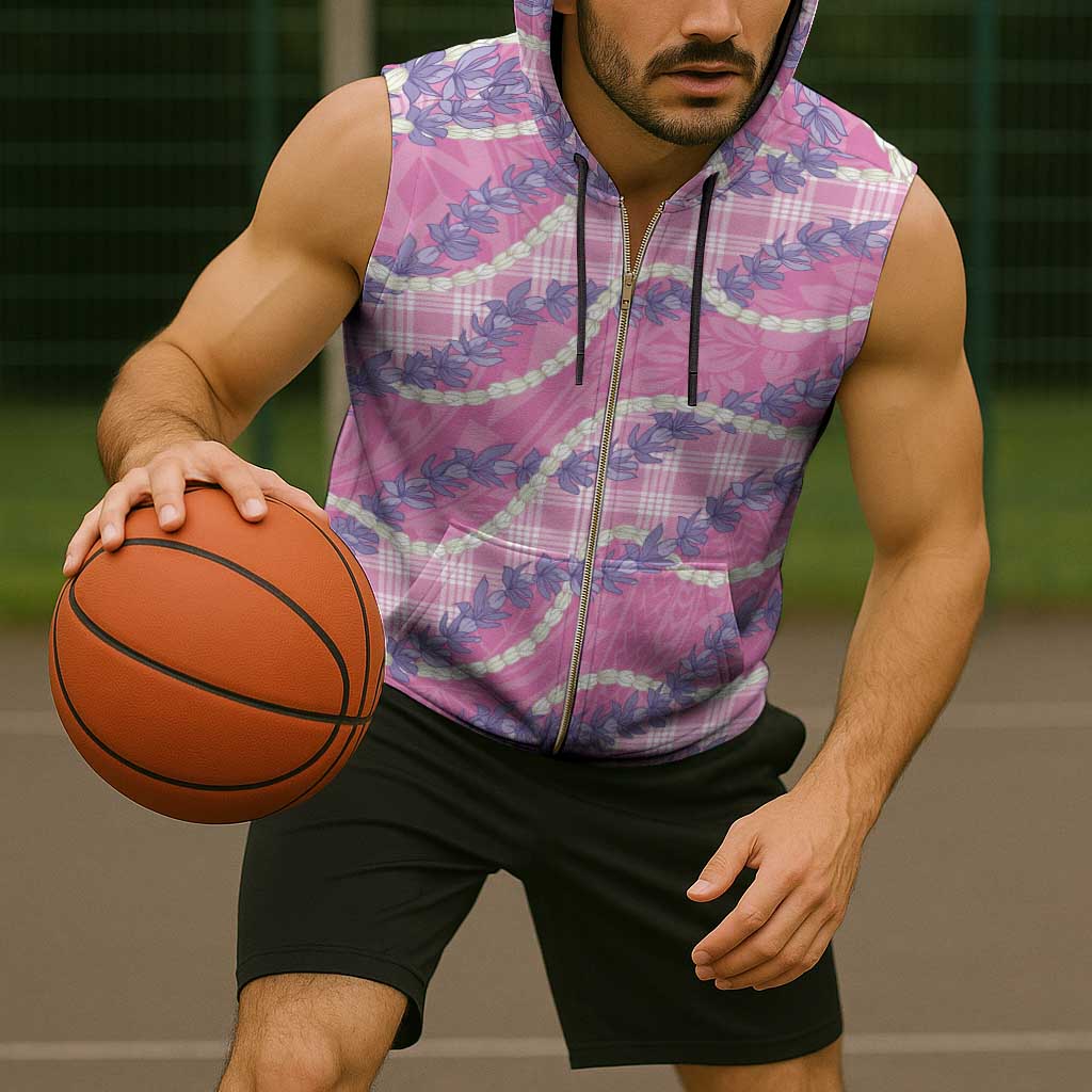 Pink Hawaii Palaka Honohono Pikake Sleeveless Zip Hoodie Hawaiian Orchid Lei Polynesian Pattern - Polynesian Pride