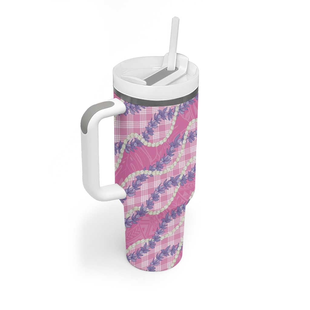 Pink Hawaii Palaka Honohono Pikake Tumbler With Handle Hawaiian Orchid Lei Polynesian Pattern - Polynesian Pride