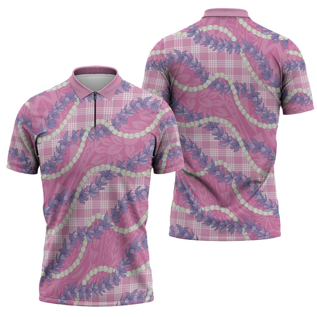 Pink Hawaii Palaka Honohono Pikake Zipper Polo Shirt Hawaiian Orchid Lei Polynesian Pattern - Polynesian Pride