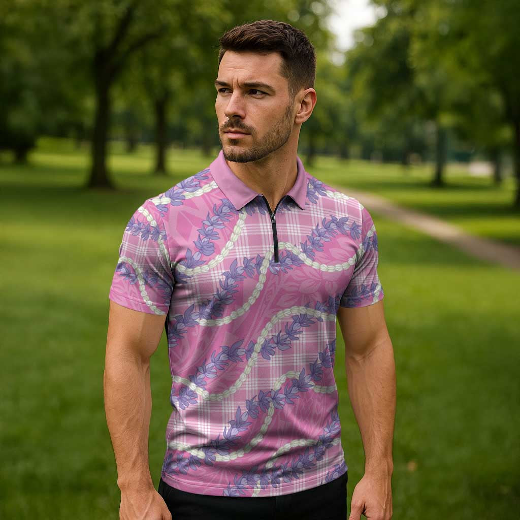 Pink Hawaii Palaka Honohono Pikake Zipper Polo Shirt Hawaiian Orchid Lei Polynesian Pattern - Polynesian Pride