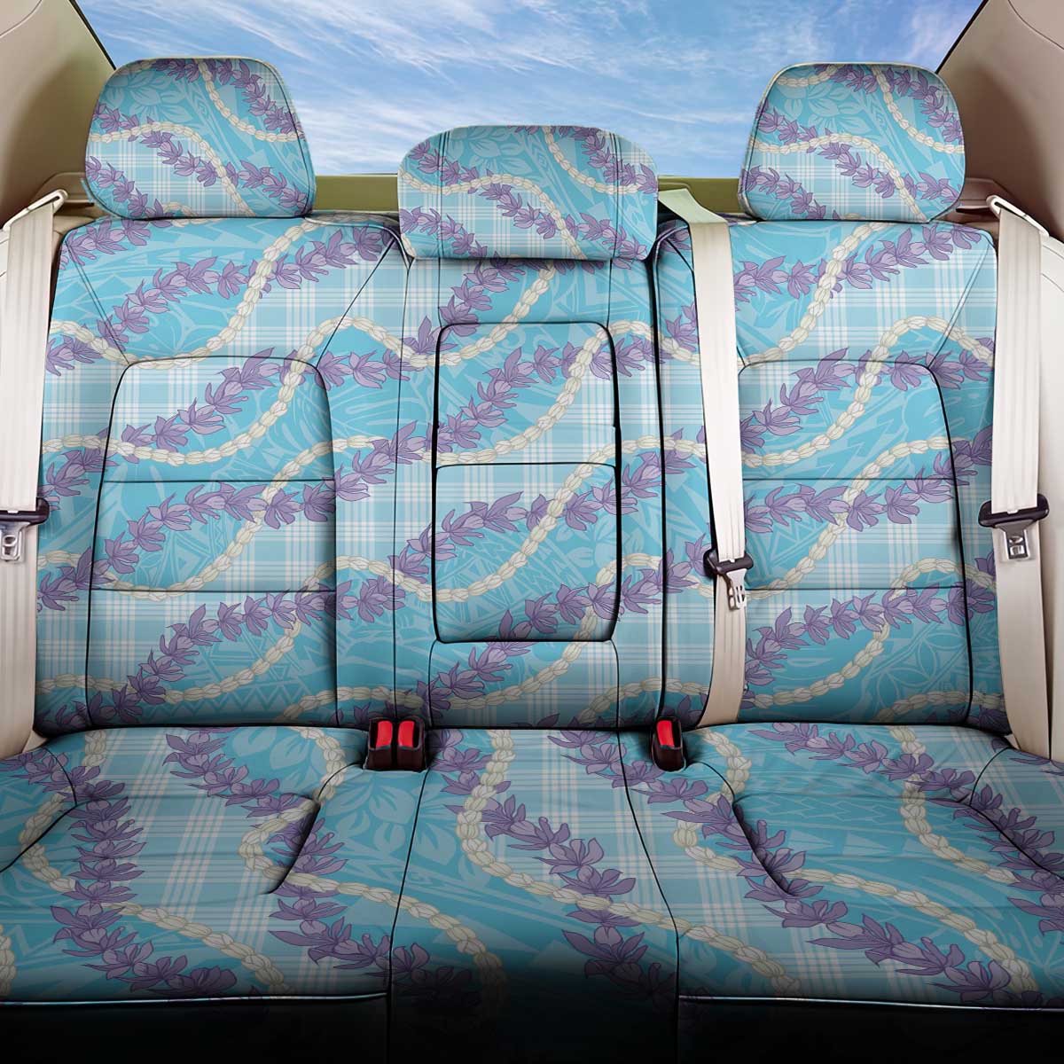 Blue Hawaii Palaka Honohono Pikake Back Car Seat Cover Hawaiian Orchid Lei Polynesian Pattern - Polynesian Pride