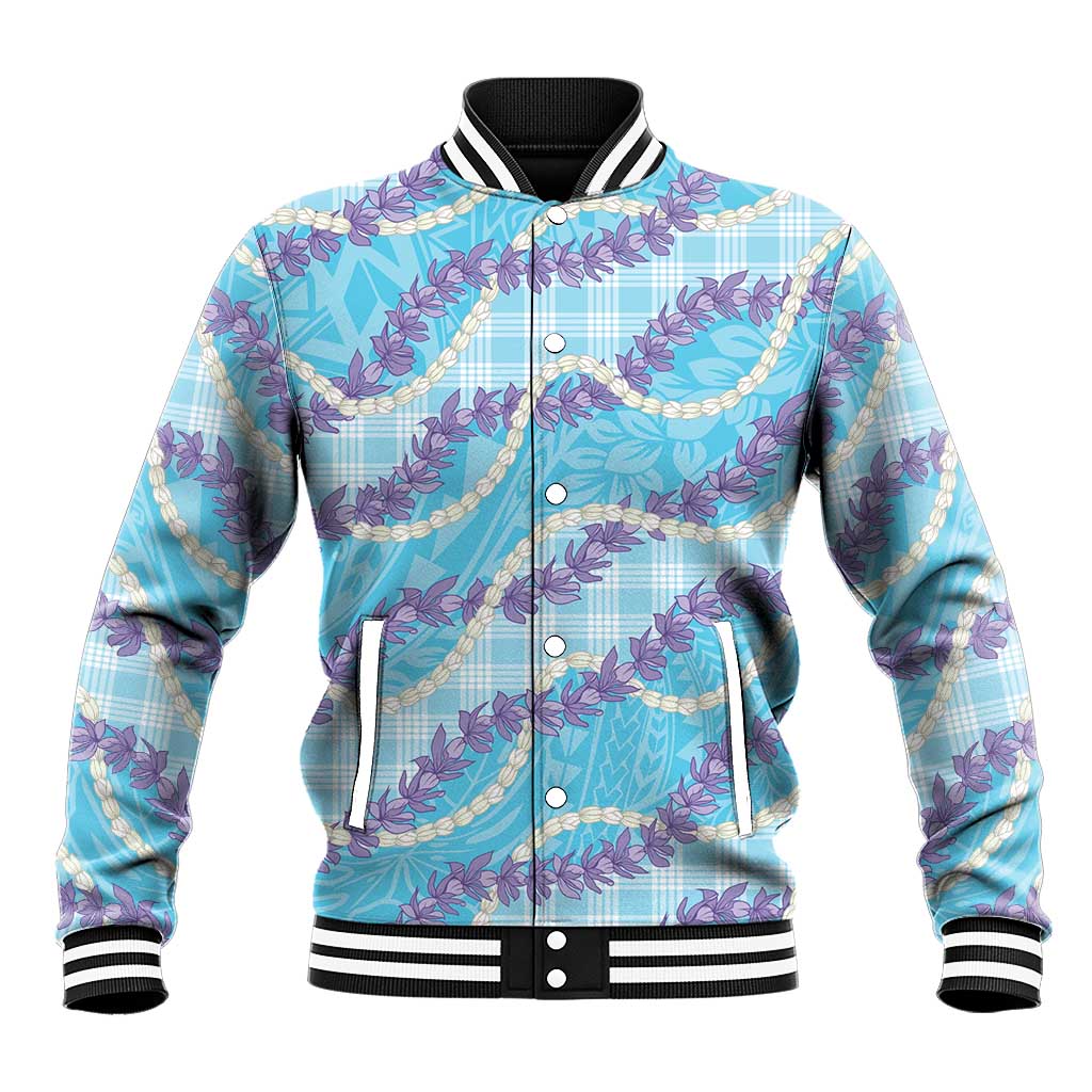 Blue Hawaii Palaka Honohono Pikake Baseball Jacket Hawaiian Orchid Lei Polynesian Pattern - Polynesian Pride