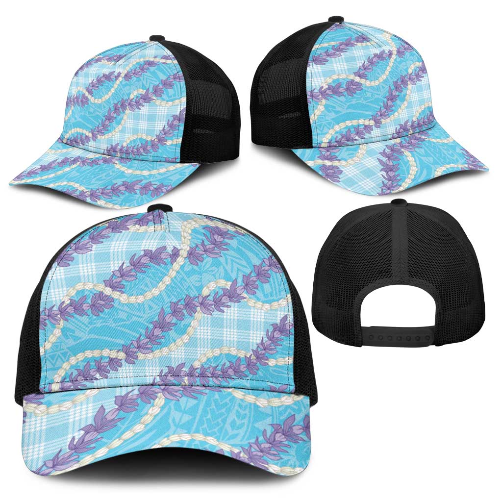 Blue Hawaii Palaka Honohono Pikake Baseball Net Cap Hawaiian Orchid Lei Polynesian Pattern - Polynesian Pride