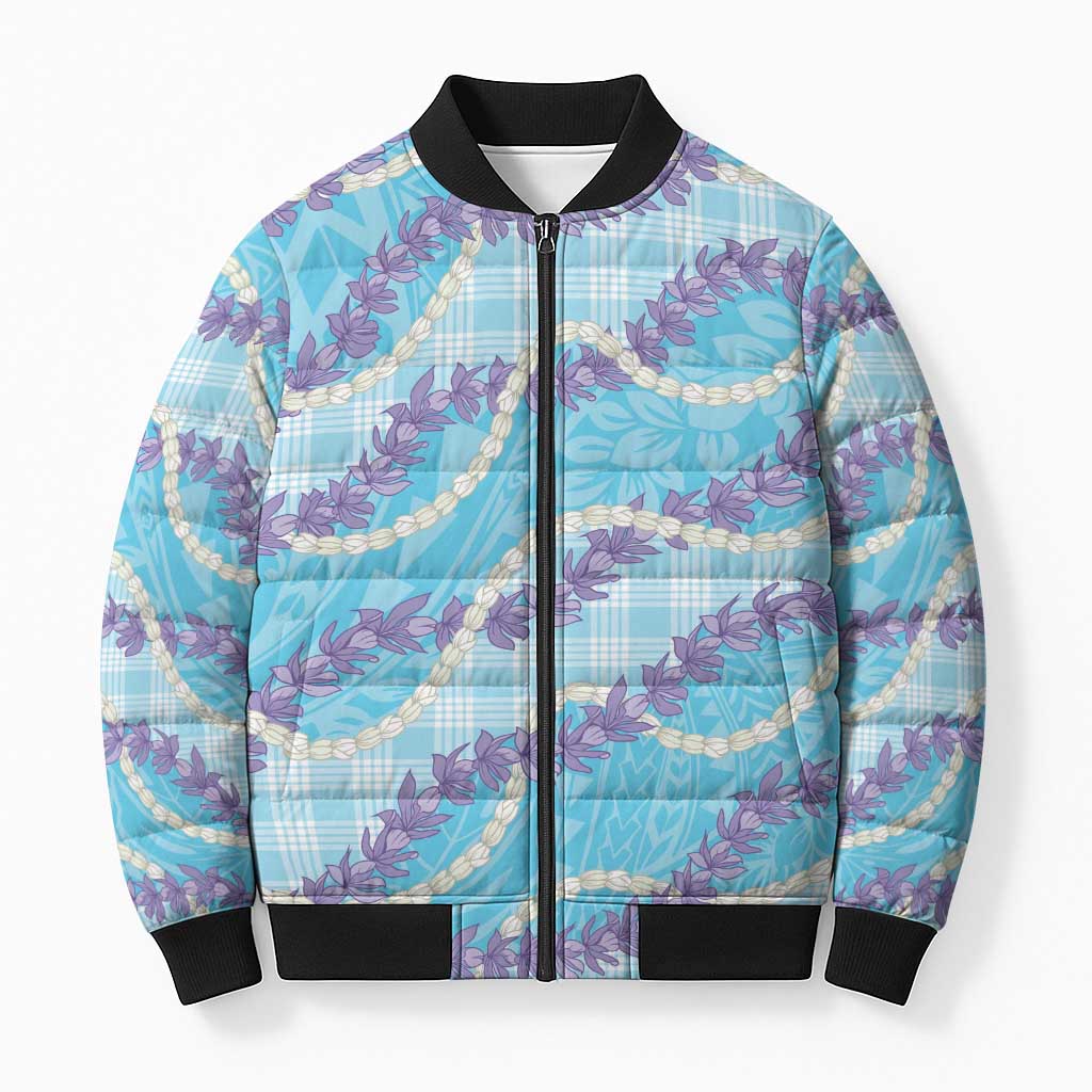 Blue Hawaii Palaka Honohono Pikake Bomber Puffer Jacket Hawaiian Orchid Lei Polynesian Pattern - Polynesian Pride