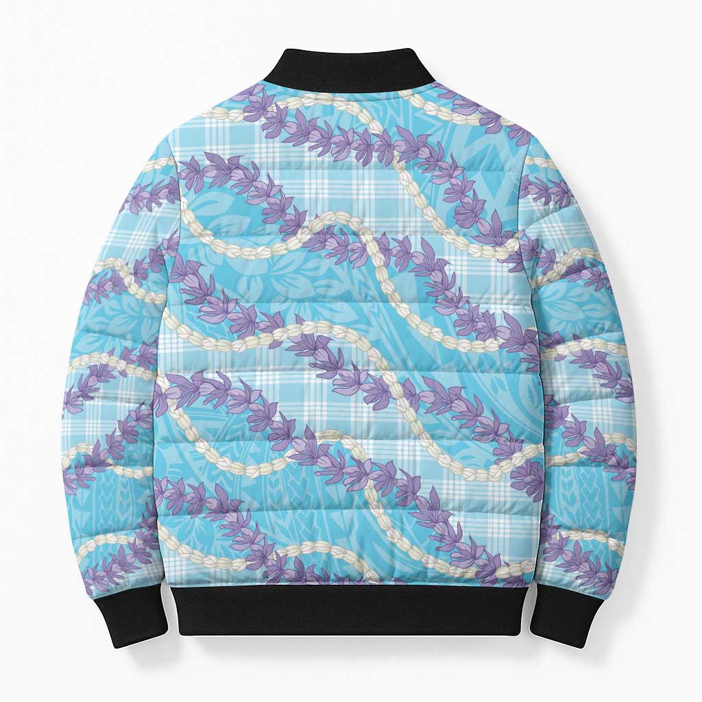 Blue Hawaii Palaka Honohono Pikake Bomber Puffer Jacket Hawaiian Orchid Lei Polynesian Pattern - Polynesian Pride