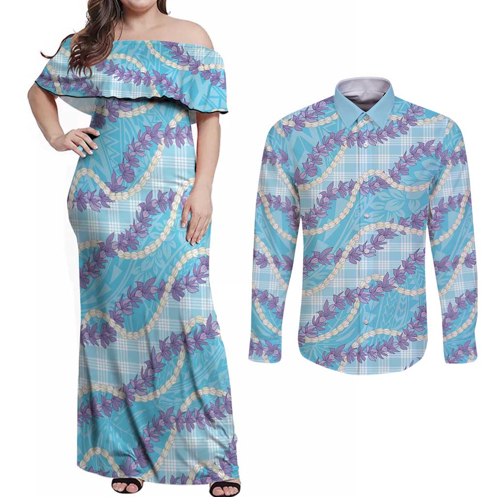 Blue Hawaii Palaka Honohono Pikake Couples Matching Off Shoulder Maxi Dress and Long Sleeve Button Shirt Hawaiian Orchid Lei Polynesian Pattern - Polynesian Pride