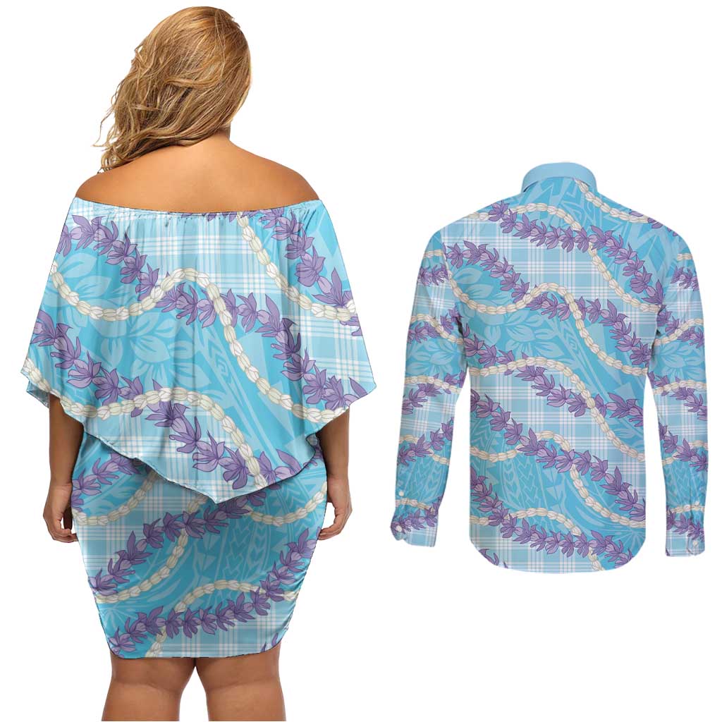 Blue Hawaii Palaka Honohono Pikake Couples Matching Off Shoulder Short Dress and Long Sleeve Button Shirt Hawaiian Orchid Lei Polynesian Pattern - Polynesian Pride