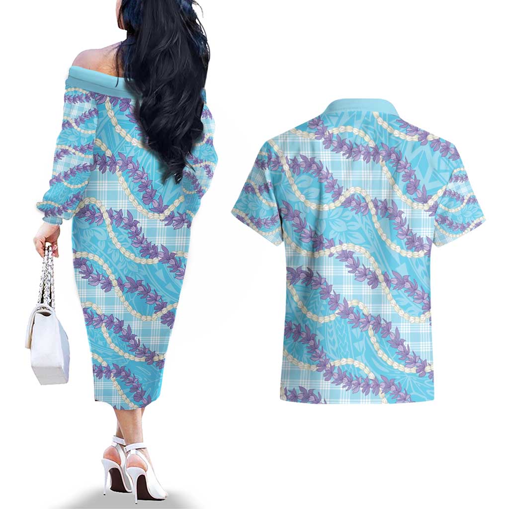 Blue Hawaii Palaka Honohono Pikake Couples Matching Off The Shoulder Long Sleeve Dress and Hawaiian Shirt Hawaiian Orchid Lei Polynesian Pattern - Polynesian Pride