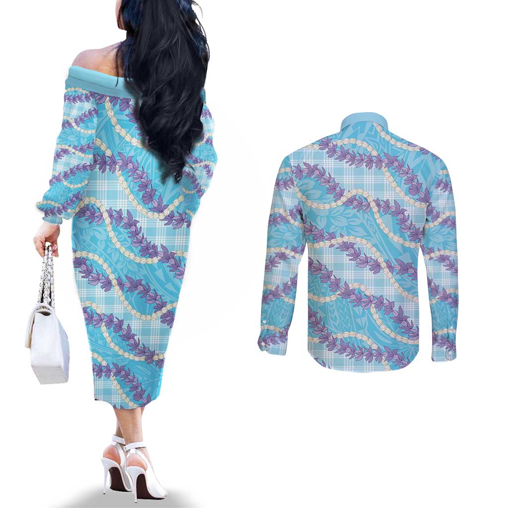 Blue Hawaii Palaka Honohono Pikake Couples Matching Off The Shoulder Long Sleeve Dress and Long Sleeve Button Shirt Hawaiian Orchid Lei Polynesian Pattern - Polynesian Pride