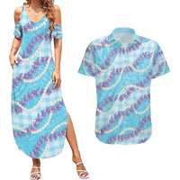 Blue Hawaii Palaka Honohono Pikake Couples Matching Summer Maxi Dress and Hawaiian Shirt Hawaiian Orchid Lei Polynesian Pattern - Polynesian Pride