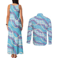 Blue Hawaii Palaka Honohono Pikake Couples Matching Tank Maxi Dress and Long Sleeve Button Shirt Hawaiian Orchid Lei Polynesian Pattern - Polynesian Pride