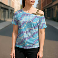 Blue Hawaii Palaka Honohono Pikake Cross Shoulder Shirt Hawaiian Orchid Lei Polynesian Pattern - Polynesian Pride