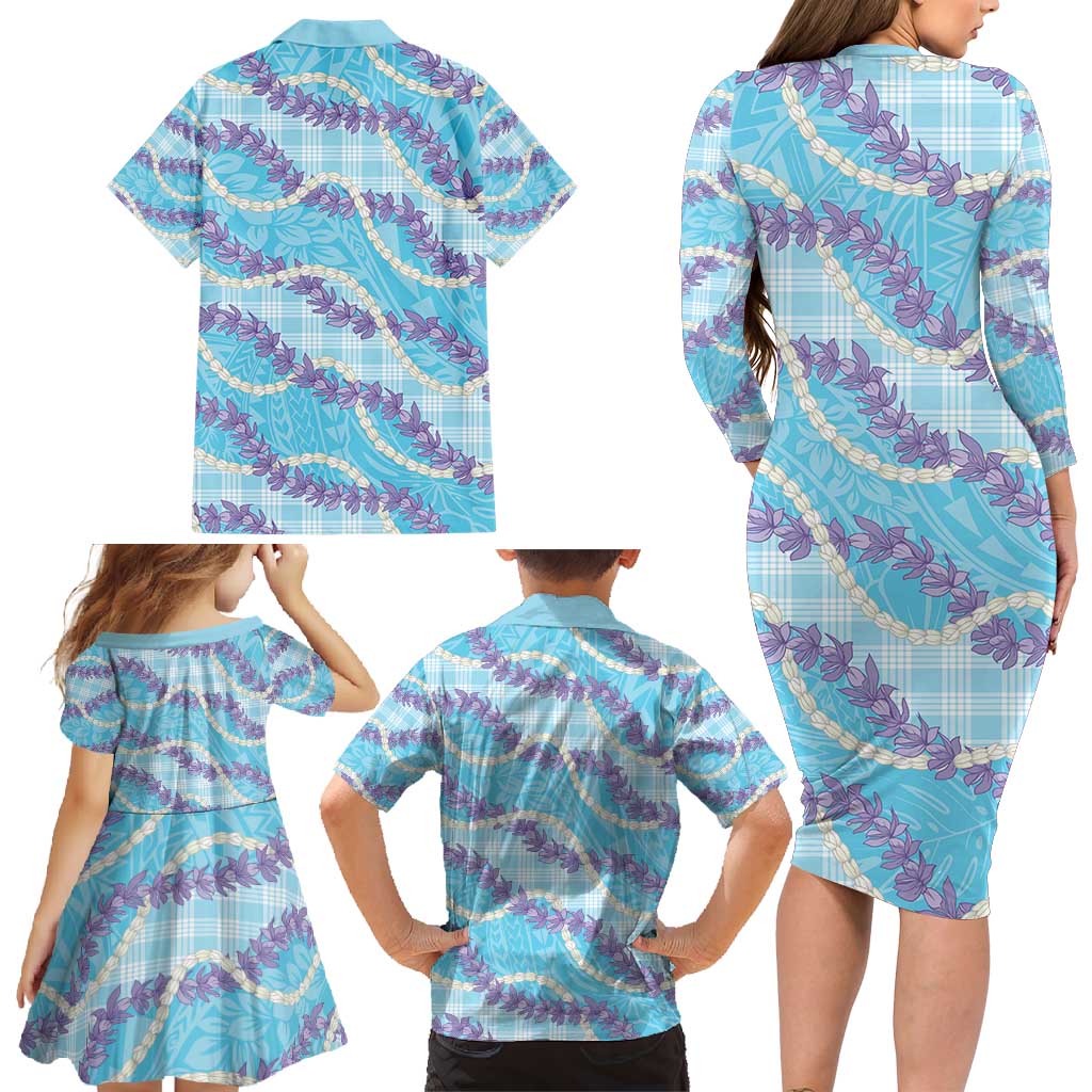 Blue Hawaii Palaka Honohono Pikake Family Matching Long Sleeve Bodycon Dress and Hawaiian Shirt Hawaiian Orchid Lei Polynesian Pattern - Polynesian Pride