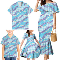 Blue Hawaii Palaka Honohono Pikake Family Matching Mermaid Dress and Hawaiian Shirt Hawaiian Orchid Lei Polynesian Pattern - Polynesian Pride