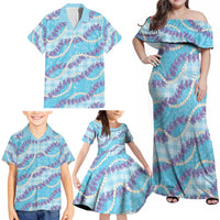 Blue Hawaii Palaka Honohono Pikake Family Matching Off Shoulder Maxi Dress and Hawaiian Shirt Hawaiian Orchid Lei Polynesian Pattern - Polynesian Pride