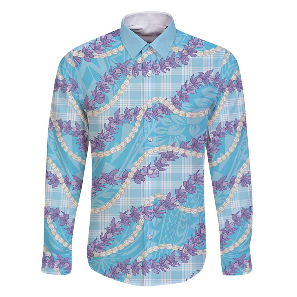 Blue Hawaii Palaka Honohono Pikake Family Matching Off Shoulder Maxi Dress and Hawaiian Shirt Hawaiian Orchid Lei Polynesian Pattern - Polynesian Pride